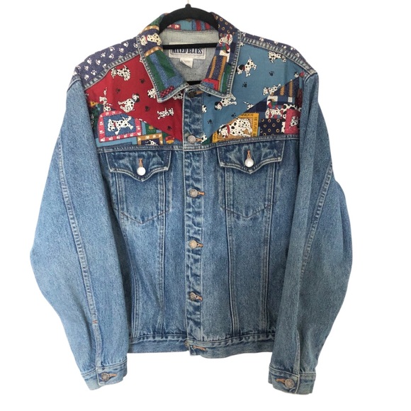 Mixed Blues Jackets & Blazers - Vintage Patchwork Denim Jean Jacket Dalmatian Dog Quilt Size Large